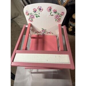 Vintage American Toy Furniture Wood Doll High Chair Pink Floral 1970s ATF